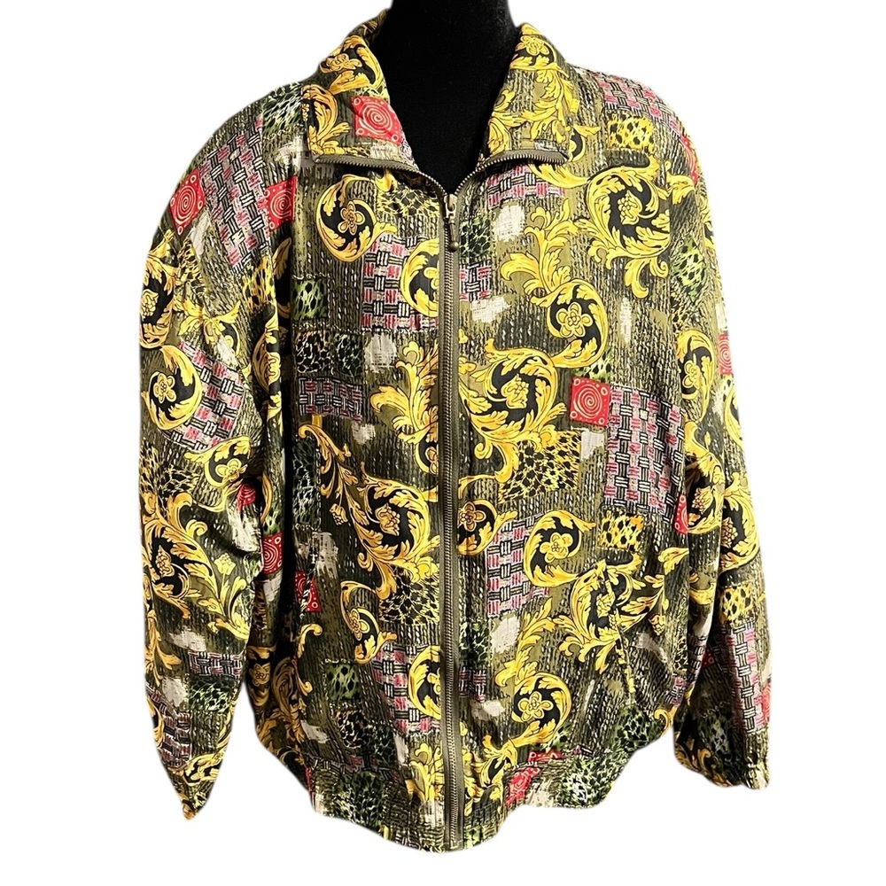 Vintage EVR Baroque Print Silk Bomber Jacket L